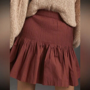 Anthropologie Eula Pintucked Burgundy Red Pleated Mini Skirt Size M With Pockets
